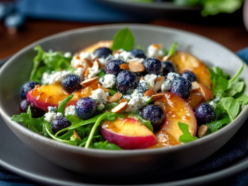 Peach, blueberry, and feta salad, served in a deep plate. Stands on a second plate and a napkin.
