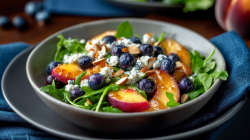 Peach, blueberry, and feta salad, served in a deep plate. Stands on a second plate and a napkin.