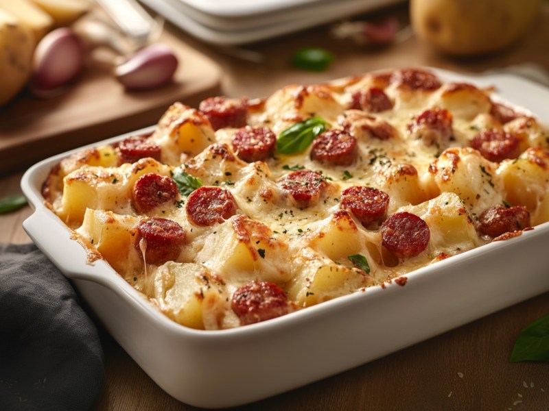 Casserole dish with potato and chorizo casserole