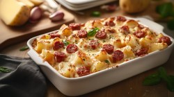 Casserole dish with potato and chorizo casserole