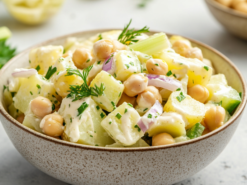 A bowl of potato salad with chickpeas, red onions, and celery.