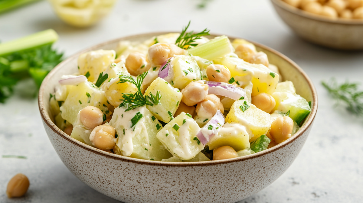 A bowl of potato salad with chickpeas, red onions, and celery.
