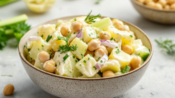 A bowl of potato salad with chickpeas, red onions, and celery.