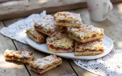 A stack of red berry bars with powdered sugar on a plate.