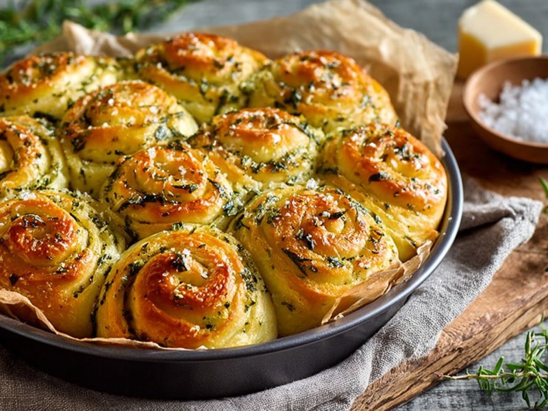 A round baking pan with savory herb rolls. The baking pan is on a wooden board decorated with a kitchen towel. Fresh herbs are scattered around. You can also see a piece of Parmesan and a small bowl of coarse sea salt.