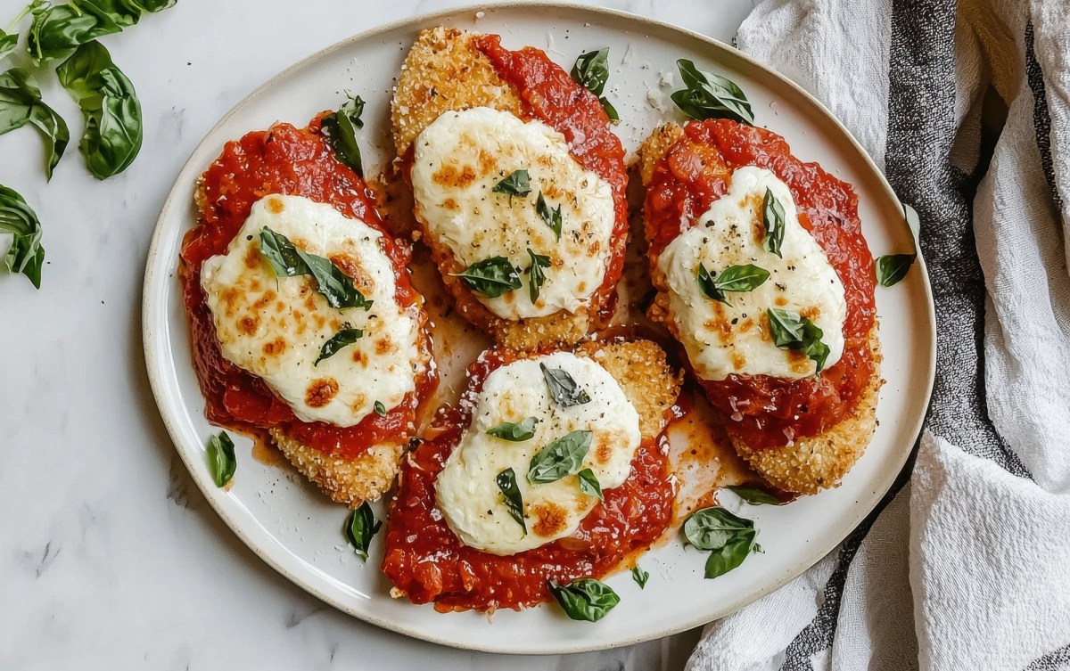 A plate with four baked chicken cutlets with tomato and mozzarella. The baked chicken cutlets are garnished with fresh basil. The plate is on a light, marble countertop. To the right of the plate is a white and black striped kitchen towel.