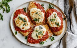 A plate with four baked chicken cutlets with tomato and mozzarella. The baked chicken cutlets are garnished with fresh basil. The plate is on a light, marble countertop. To the right of the plate is a white and black striped kitchen towel.