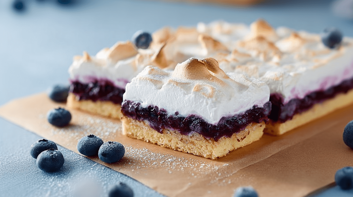 Several pieces of blueberry meringue sheet cake are arranged on a piece of baking paper. A few blueberries are scattered around as decoration.