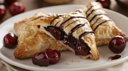 Three cherry vanilla pastries are on a white plate. The middle pastry is cut open in the center. Two of them are covered with a light chocolate glaze. Four more cherries are on the plate.