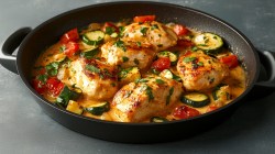 Skillet with chicken breast in zucchini cream sauce