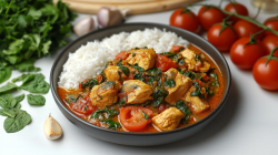 A plate of rice and chicken in yogurt sauce with tomatoes, spinach, tomatoes and garlic around it.