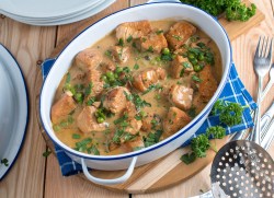 A bowl of chicken paprikash.