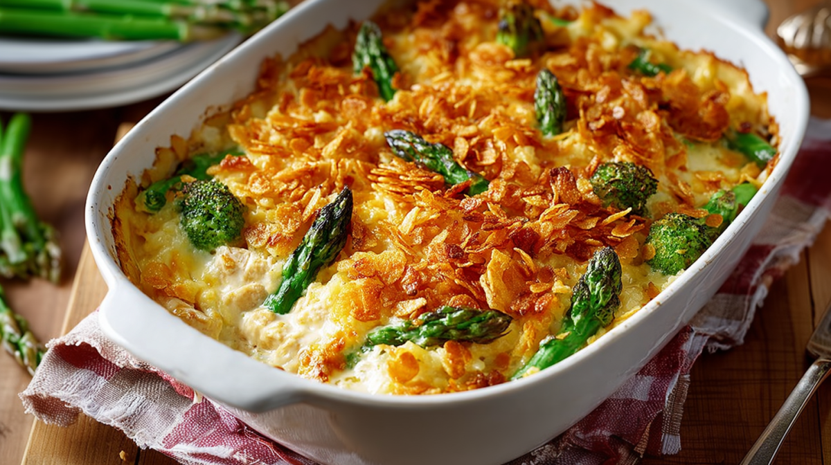 Chicken and rice casserole with asparagus in a baking dish with a cornflake crust.