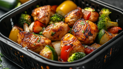 Air fryer chicken and vegetables. Close-up.