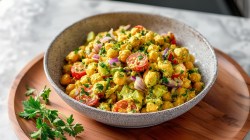 A bowl of chickpea salad with curry dressing, also placed on a wooden plate.