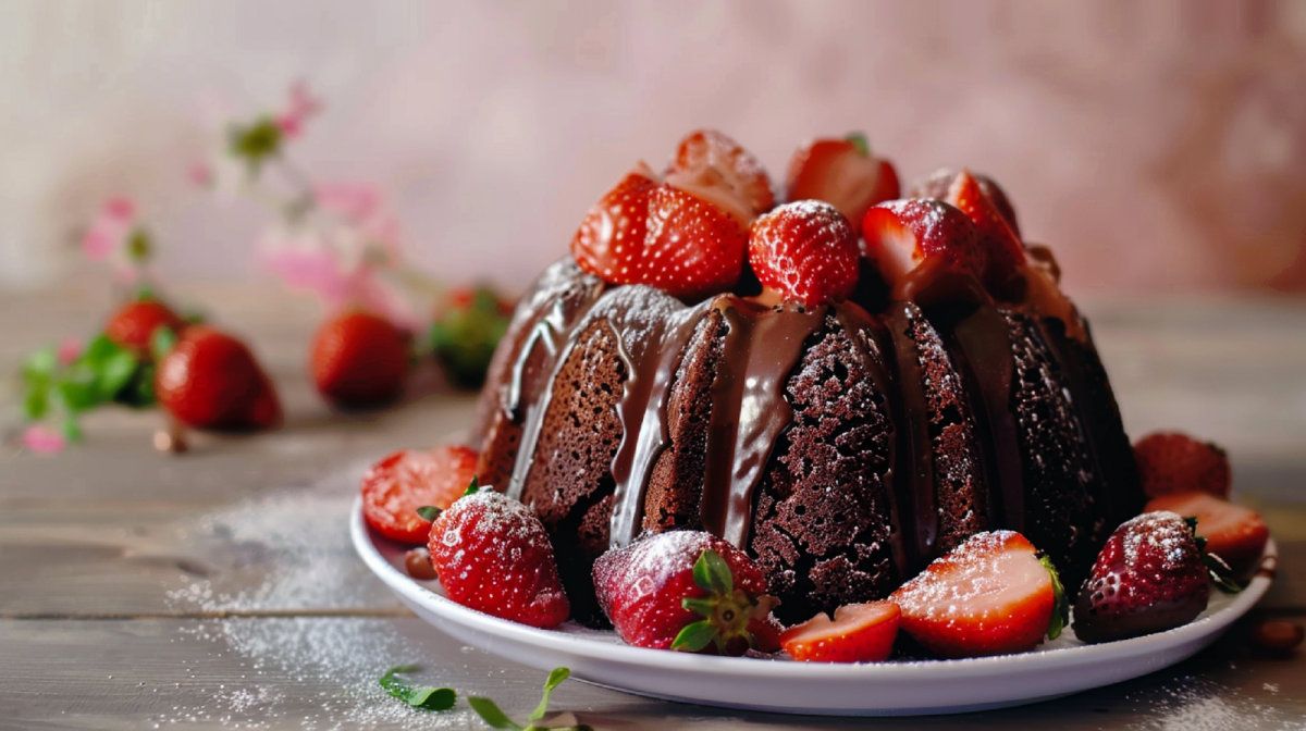 Chocolate bundt cake decorated with strawberries.