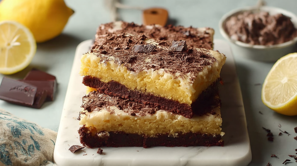 Several pieces of chocolate lemon sheet cake.