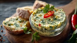 A small glass bowl with cilantro-chili butter, decorated with some fresh cilantro and chili. Next to the butter are a few slices of bread. One is spread with the butter.