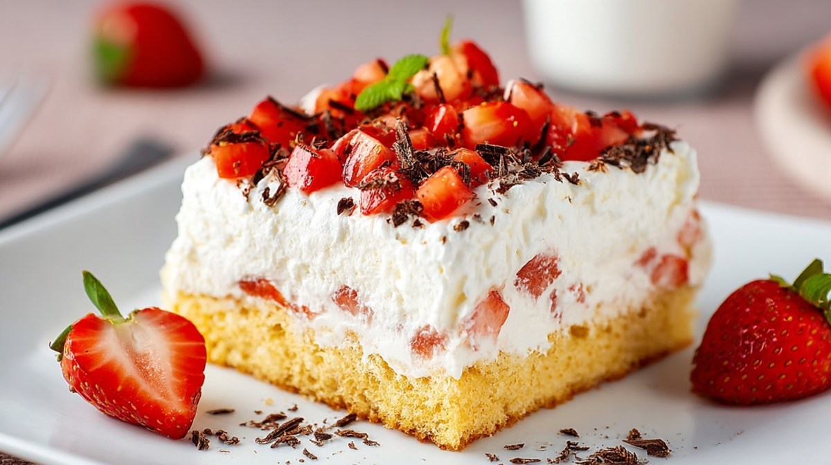 A piece of Fanta Cake with strawberries on a plate.