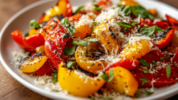 Grilled bell pepper salad with Parmesan and basil on a plate, close-up.