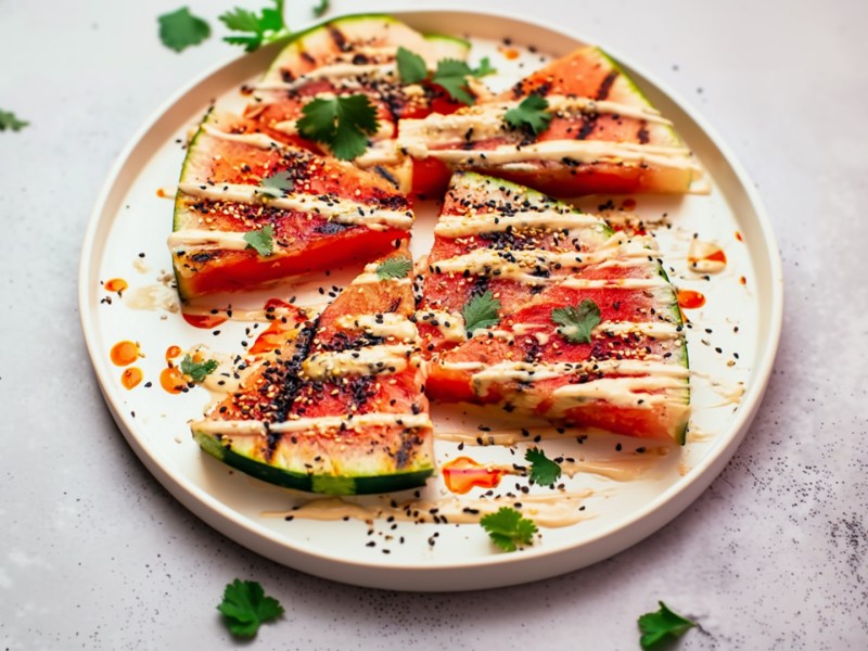A plate with a few quarters of grilled watermelon, garnished with tahini, chili oil, black sesame seeds and fresh cilantro.