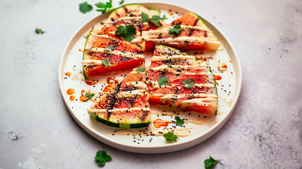 A plate with a few quarters of grilled watermelon, garnished with tahini, chili oil, black sesame seeds and fresh cilantro.