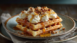 Two hazelnut waffles on a gray plate. They are garnished with vanilla cream, honey, and roasted hazelnuts.