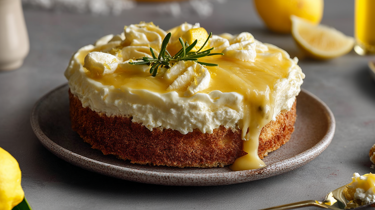 A plate with a Limoncello Mascarpone Cake decorated with a fresh rosemary sprig. Lemons can be seen all around and you can make out a glass of lemon liqueur. There is also a spoon with mascarpone and lemon curd lying around.