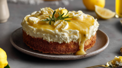 A plate with a Limoncello Mascarpone Cake decorated with a fresh rosemary sprig. Lemons can be seen all around and you can make out a glass of lemon liqueur. There is also a spoon with mascarpone and lemon curd lying around.