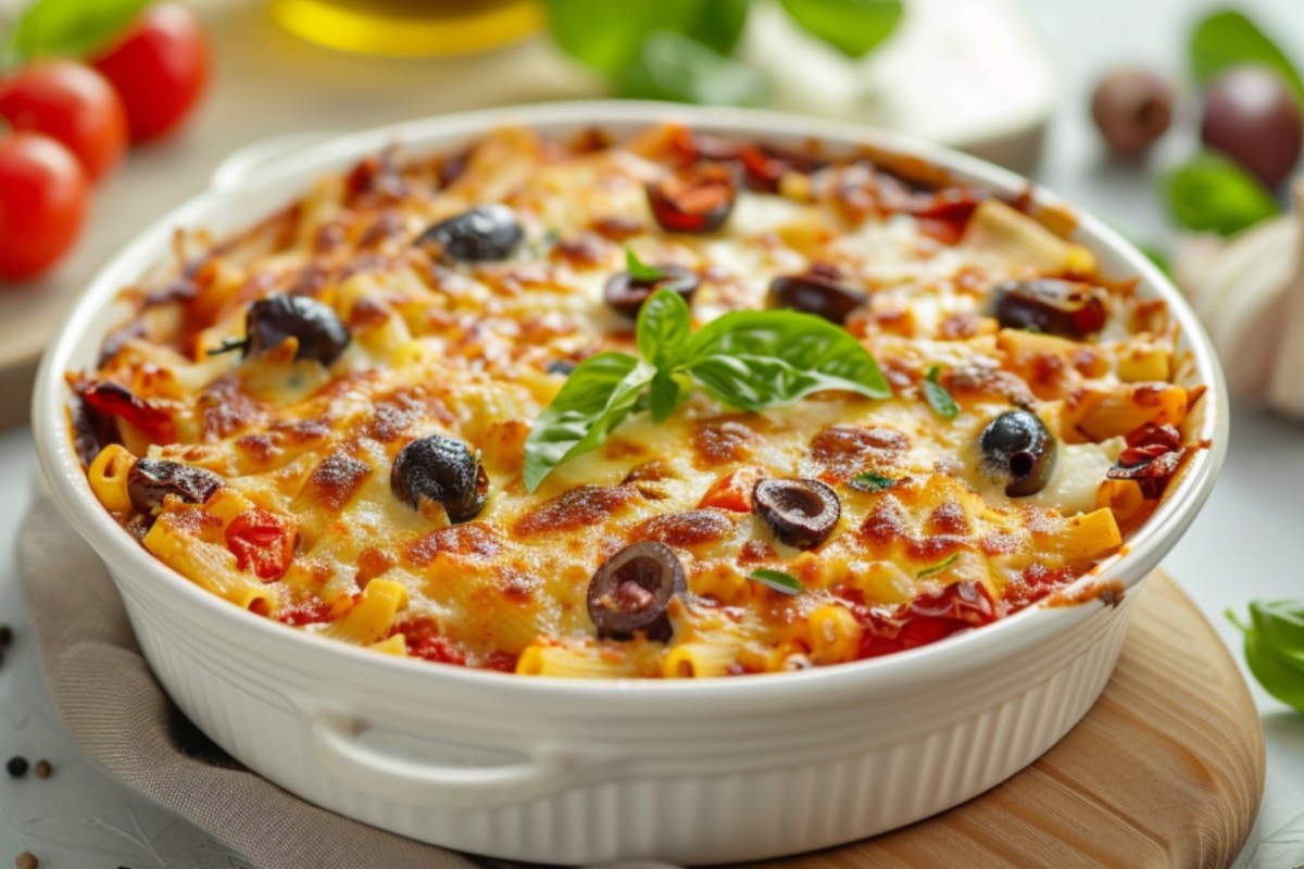A Mediterranean pasta bake in a round baking dish.