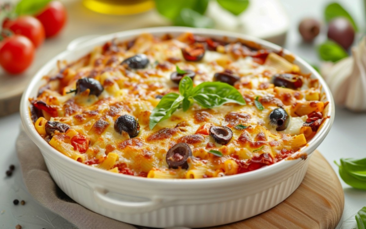 A Mediterranean pasta bake in a round baking dish.
