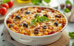 A Mediterranean pasta bake in a round baking dish.