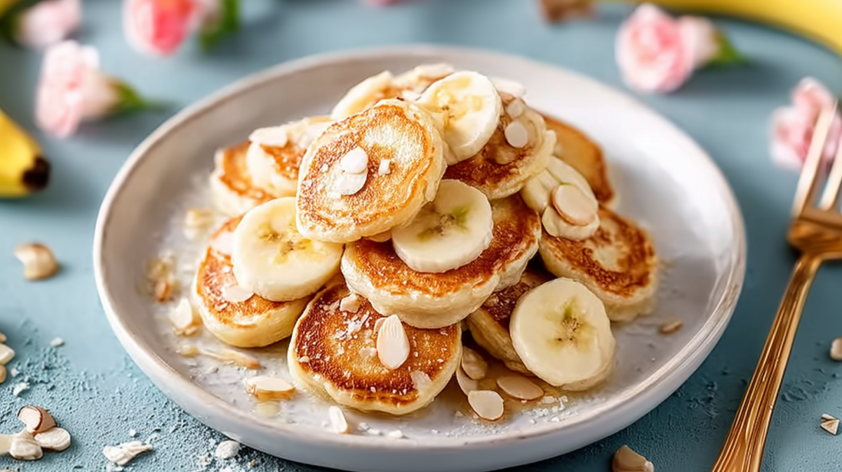 A plate of mini banana pancakes, decorated with banana slices and almond flakes.