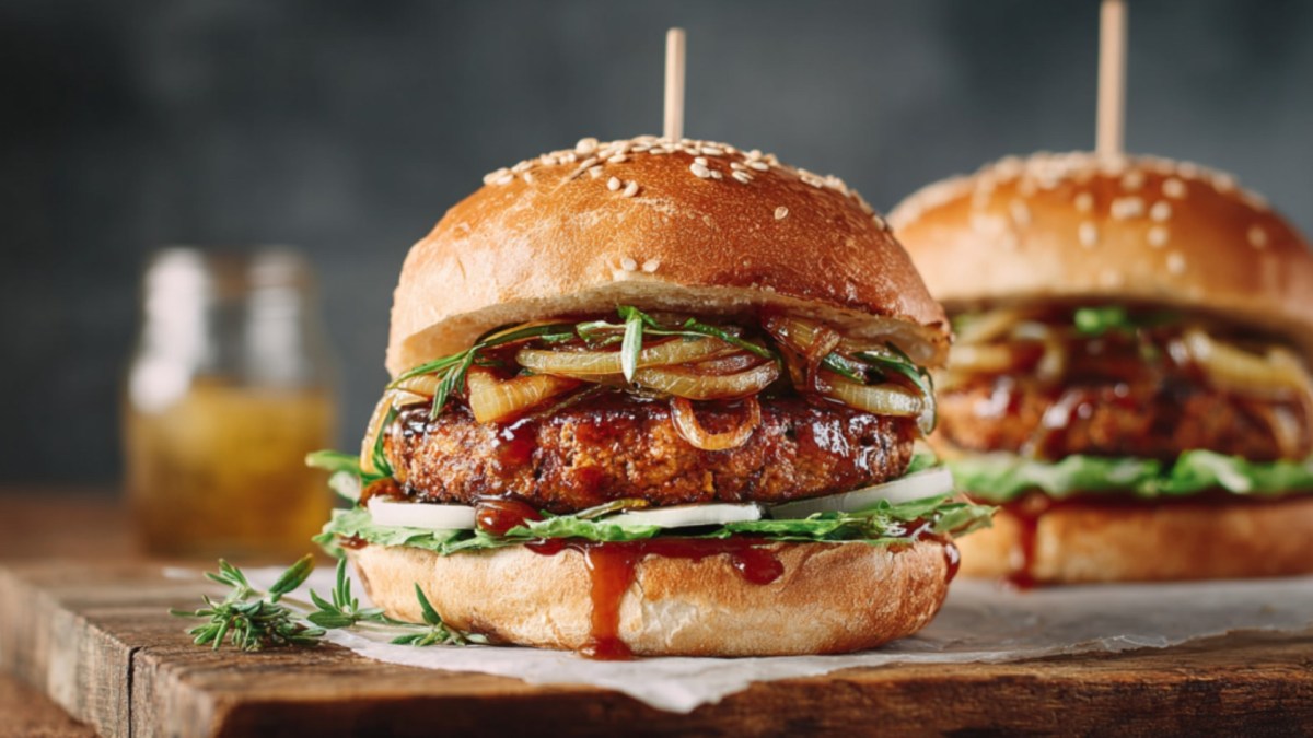 Two vegetarian oatmeal burgers with onion jam.