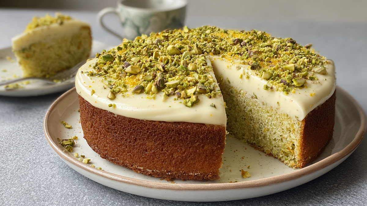 A plate with a round, sliced orange pistachio cake with ricotta frosting. In the background, you can see a plate with a piece of cake and a cup of coffee.