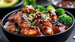 Bowl of oven-baked teriyaki chicken with steamed broccoli
