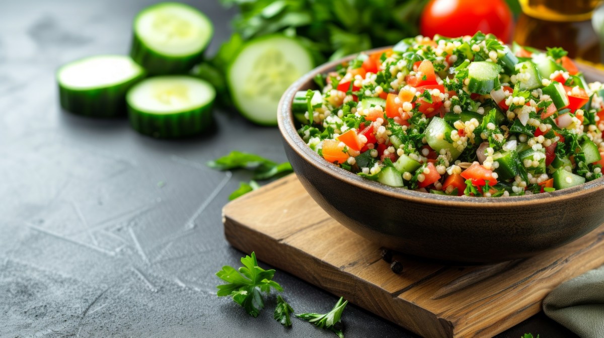 Bowl of parsley salad, tomatoes, and cucumber on a wooden board and dark background