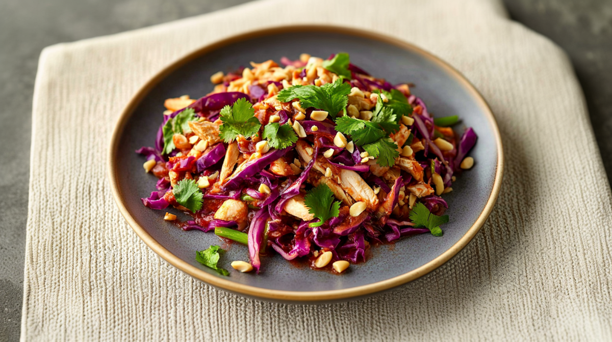 A plate of red cabbage salad with chicken garnished with chopped peanuts and fresh cilantro. The plate is on a cream-colored placemat.