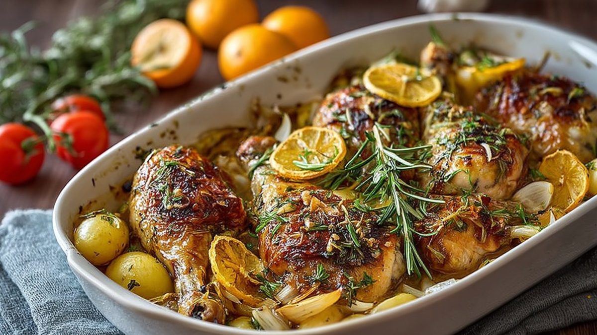 Baking dish with rosemary chicken drumsticks and roasted potatoes