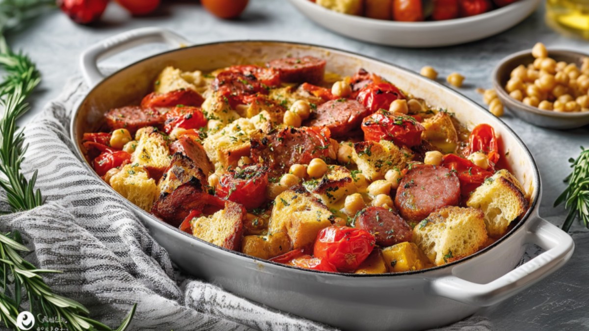 A sausage casserole with bread, tomatoes, and chickpeas, seen from above. The ingredients are visible around the dish.
