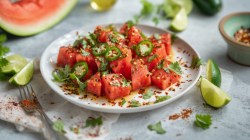 Spicy watermelon salad on a plate with jalapeños and cilantro.