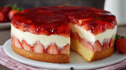 Strawberry cake with vanilla pudding, with a piece taken out, on a marble slab.