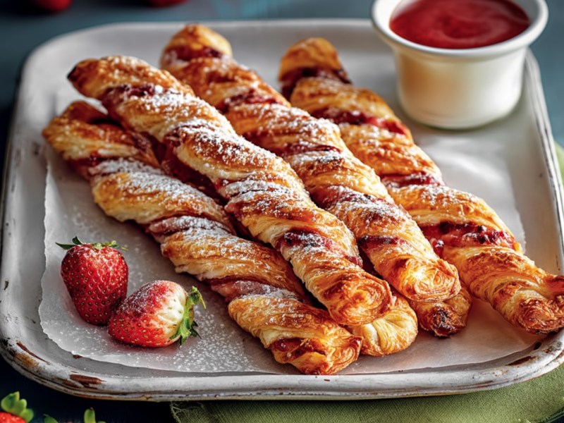 Four strawberry puff pastry twists on a plate. Next to it are fresh strawberries and a bowl of strawberry sauce.