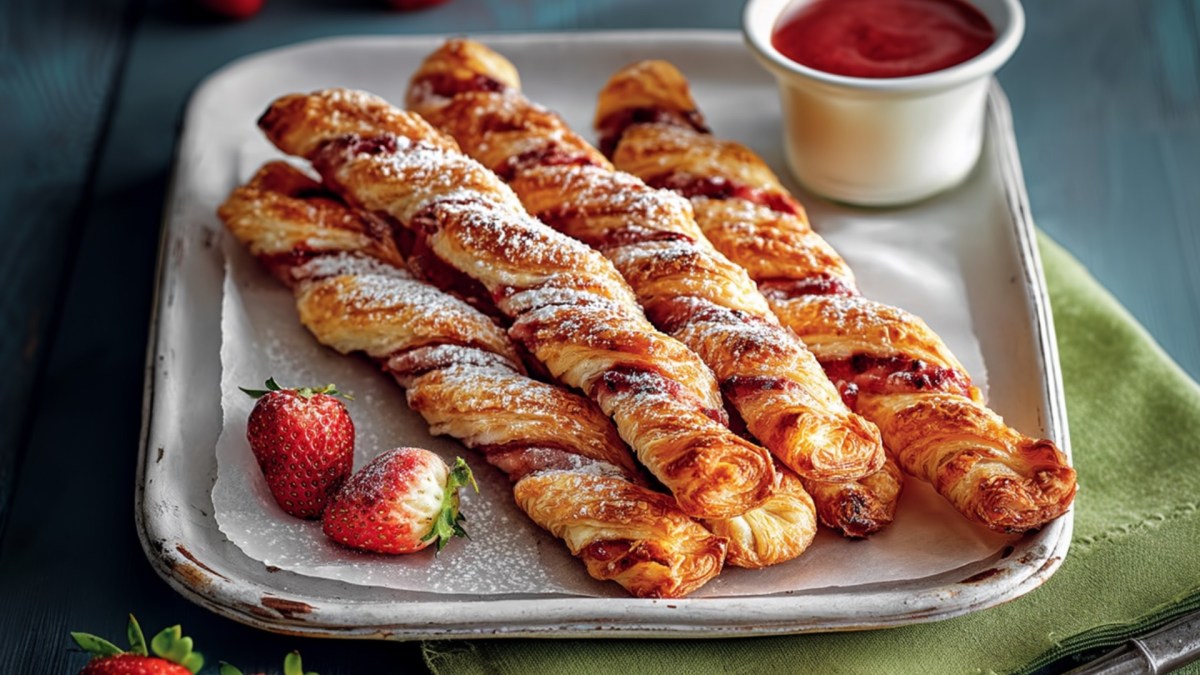 Four strawberry puff pastry twists on a plate. Next to it are fresh strawberries and a bowl of strawberry sauce.