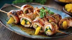 Several turkey-mango skewers on a plate.