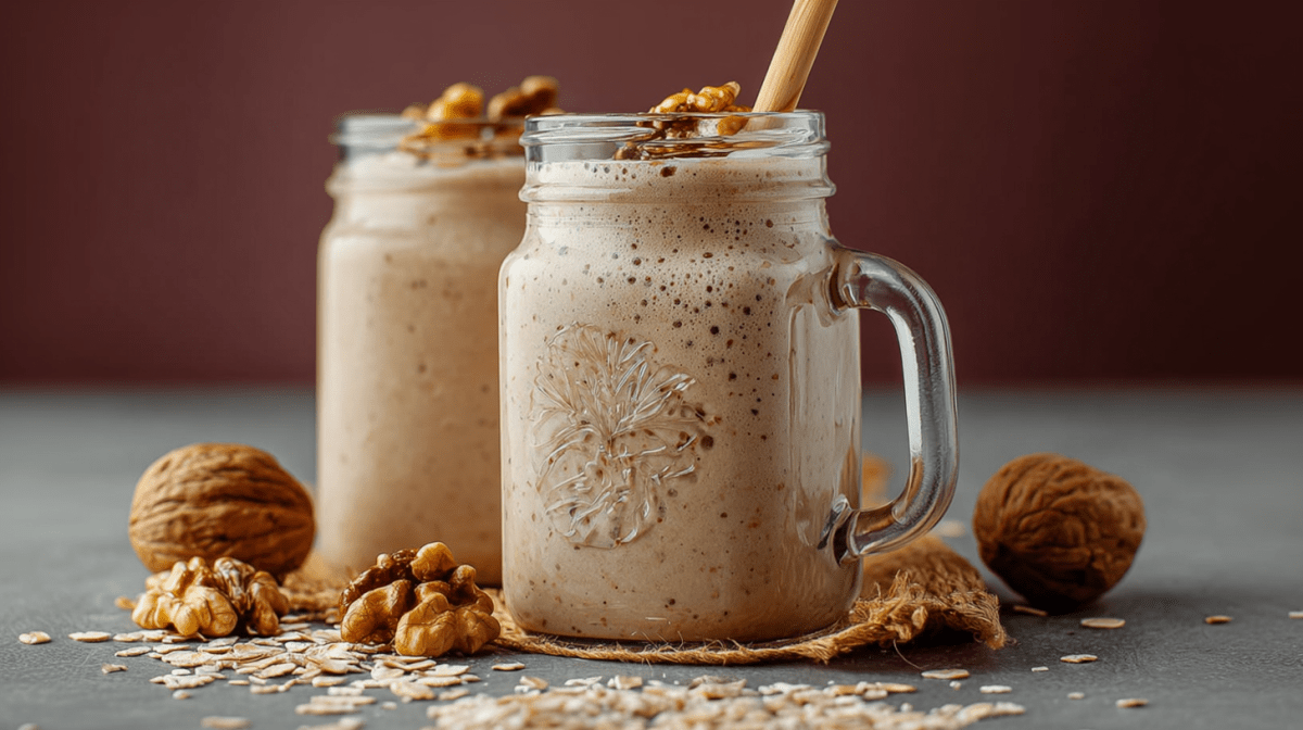 Two glasses of walnut-oat smoothie are next to each other. Walnuts are scattered around them as decoration.