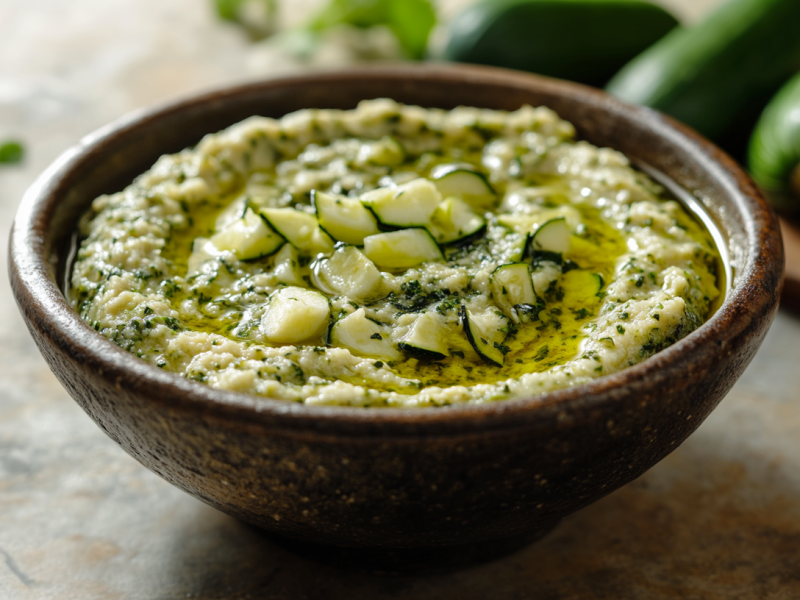 Lib el Kousa: Zucchini dip in a brown bowl.