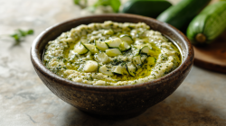 Lib el Kousa: Zucchini dip in a brown bowl.
