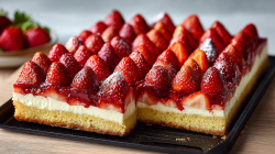 Sheet Pan Strawberry Cake with Vanilla Pudding.