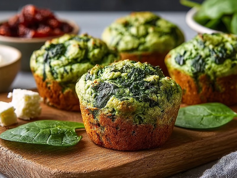 A wooden board with several spinach and tuna muffins placed on it. There are also spinach leaves and feta cubes scattered around. In the background, you can see plates or bowls with feta, sundried tomatoes, and spinach.